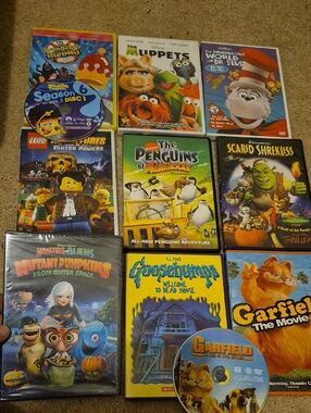 Kids DVD Movie Lot - (Garfield, Goosebumps, Penguins, Spongebob, Lego)